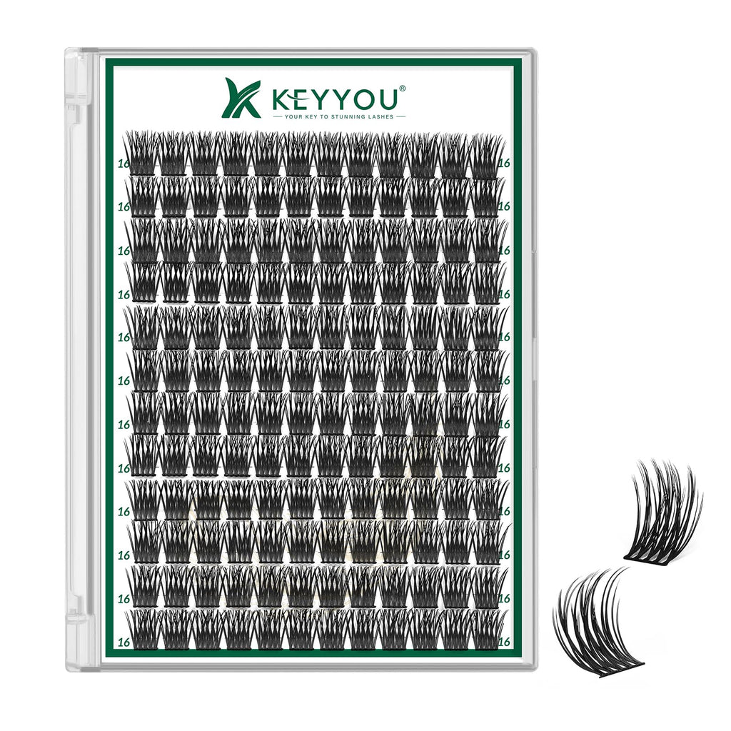 KEYYOU Lash Clusters Kit 144pcs Thick Volume D Curl Eyelash Clusters Lash Extension Kit with Mascara Brush Bond and Seal Glue Remover Applicators and Brush for DIY Lash Extensions (Y02)