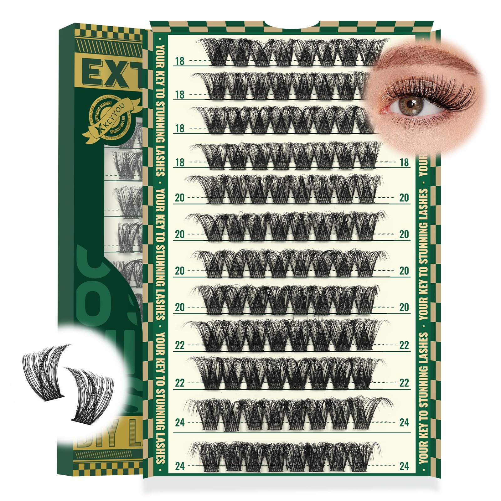 KEYYOU Lash Clusters Kit 144pcs Thick Volume D Curl Eyelash Clusters Lash Extension Kit with Mascara Brush Bond and Seal Glue Remover Applicators and Brush for DIY Lash Extensions (Y02)