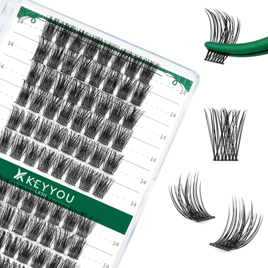 KEYYOU Lash Clusters Kit 144pcs Thick Volume D Curl Eyelash Clusters Lash Extension Kit with Mascara Brush Bond and Seal Glue Remover Applicators and Brush for DIY Lash Extensions (Y02)