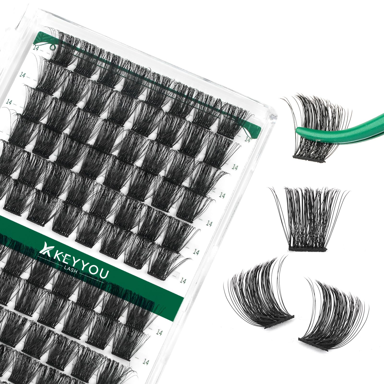 KEYYOU Lash Clusters Kit 144pcs Thick Volume D Curl Eyelash Clusters Lash Extension Kit with Mascara Brush Bond and Seal Glue Remover Applicators and Brush for DIY Lash Extensions (Y02)