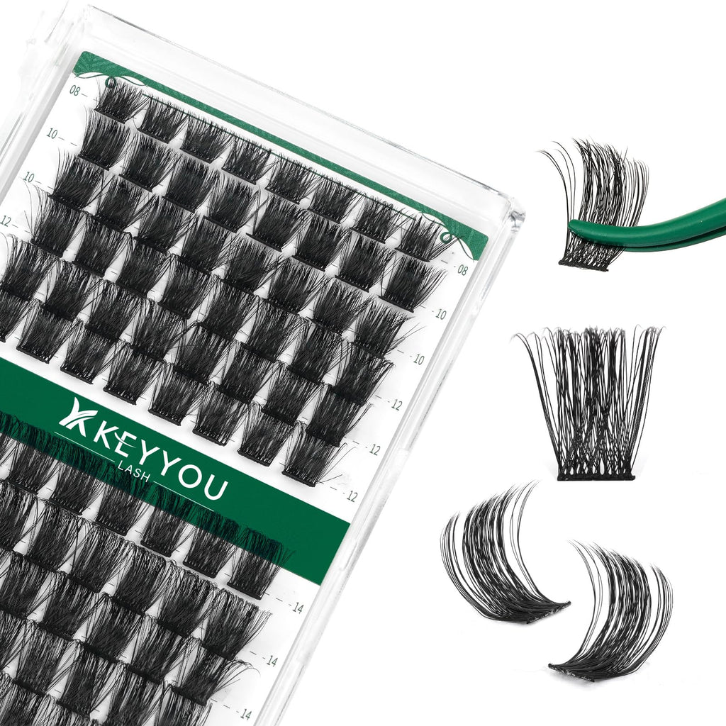 KEYYOU Lash Clusters Kit 144pcs Thick Volume D Curl Eyelash Clusters Lash Extension Kit with Mascara Brush Bond and Seal Glue Remover Applicators and Brush for DIY Lash Extensions (Y02)