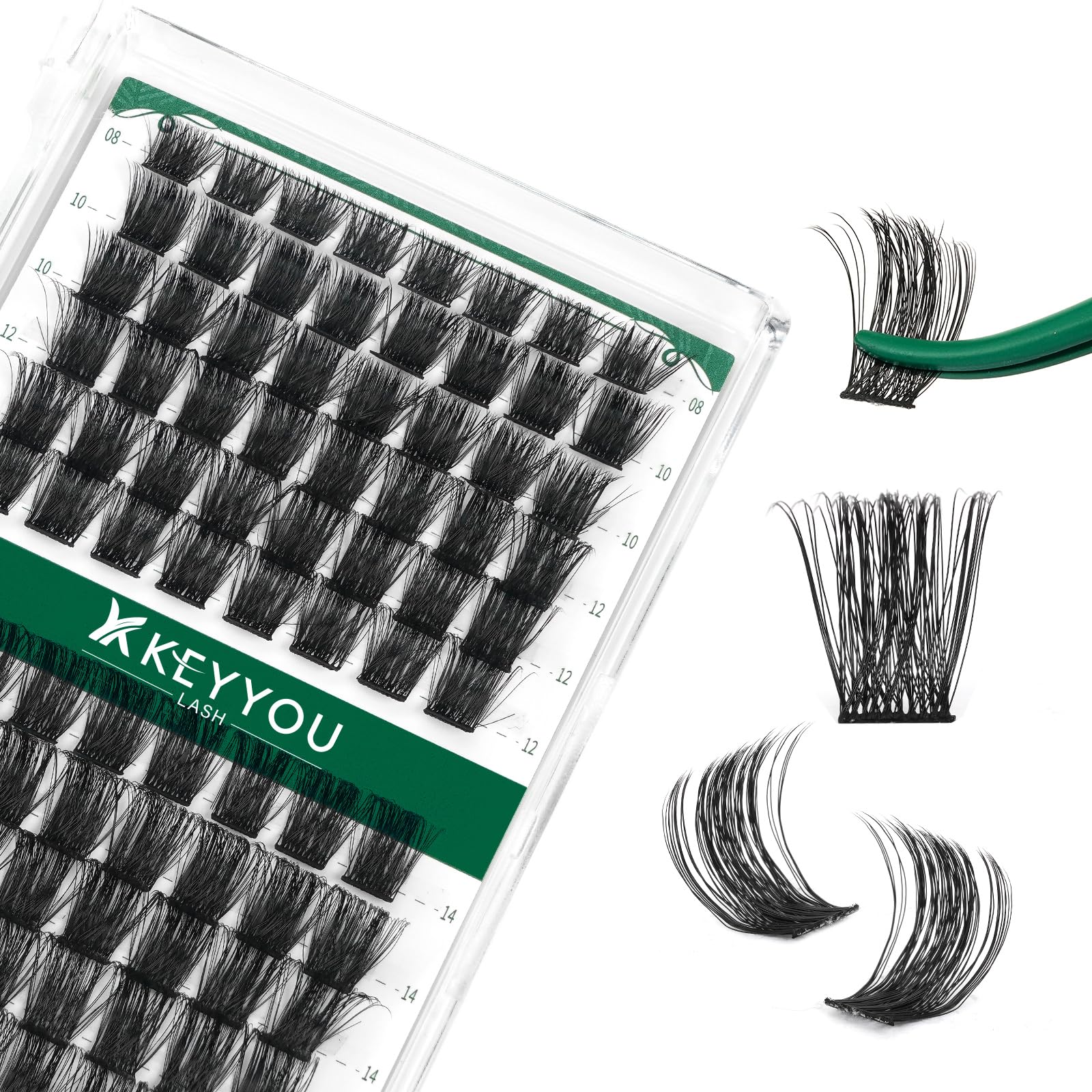 KEYYOU Lash Clusters Kit 144pcs Thick Volume D Curl Eyelash Clusters Lash Extension Kit with Mascara Brush Bond and Seal Glue Remover Applicators and Brush for DIY Lash Extensions (Y02)