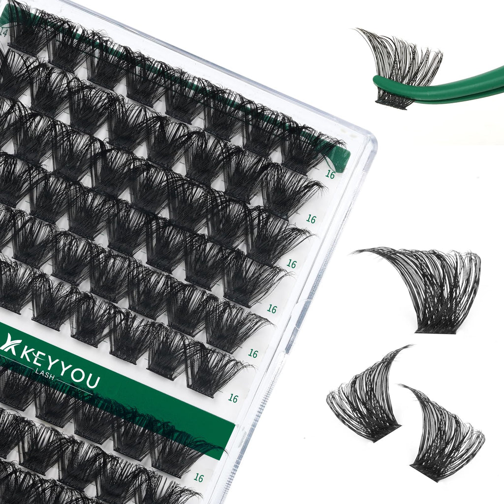KEYYOU Lash Clusters Kit 144pcs Thick Volume D Curl Eyelash Clusters Lash Extension Kit with Mascara Brush Bond and Seal Glue Remover Applicators and Brush for DIY Lash Extensions (Y02)
