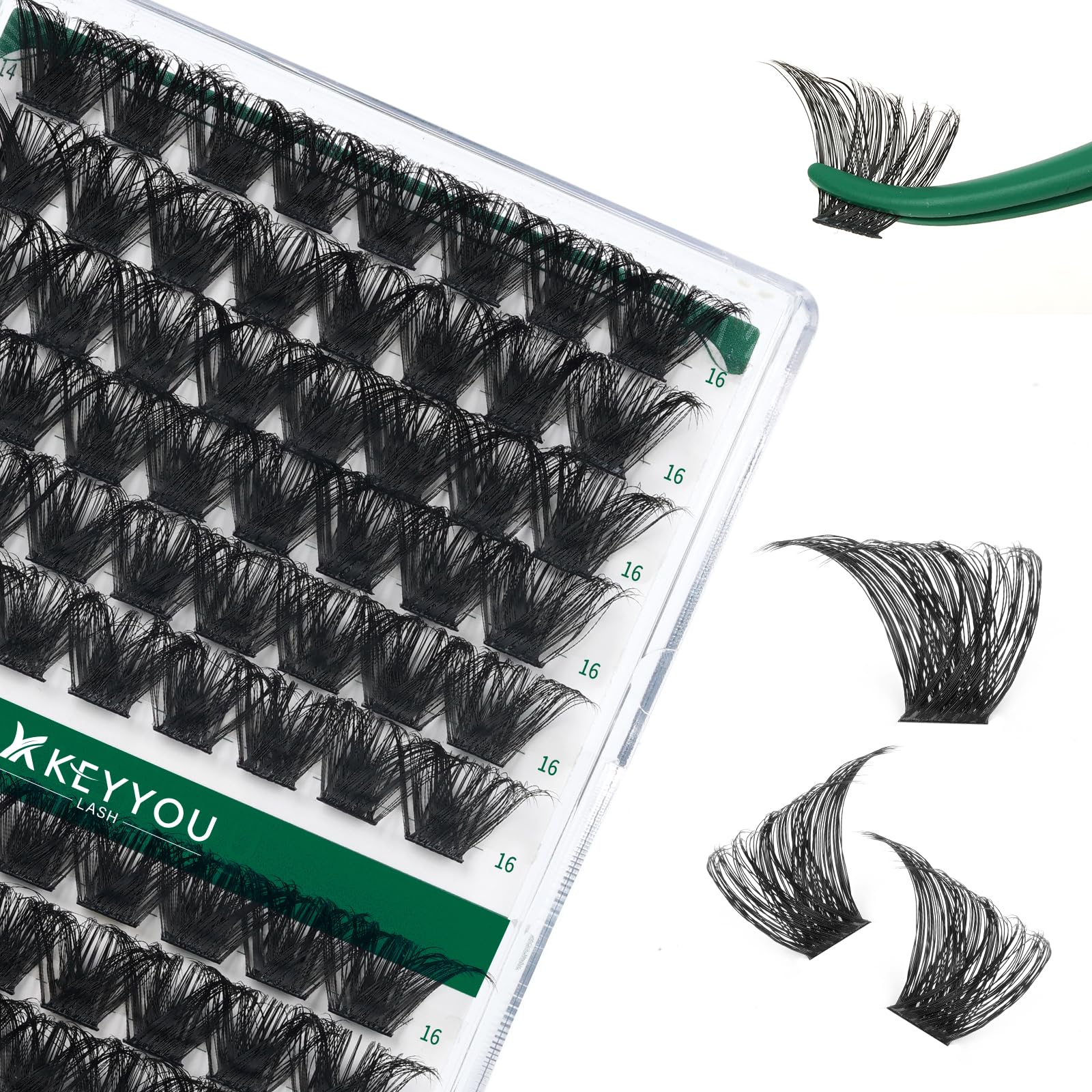 KEYYOU Lash Clusters Kit 144pcs Thick Volume D Curl Eyelash Clusters Lash Extension Kit with Mascara Brush Bond and Seal Glue Remover Applicators and Brush for DIY Lash Extensions (Y02)