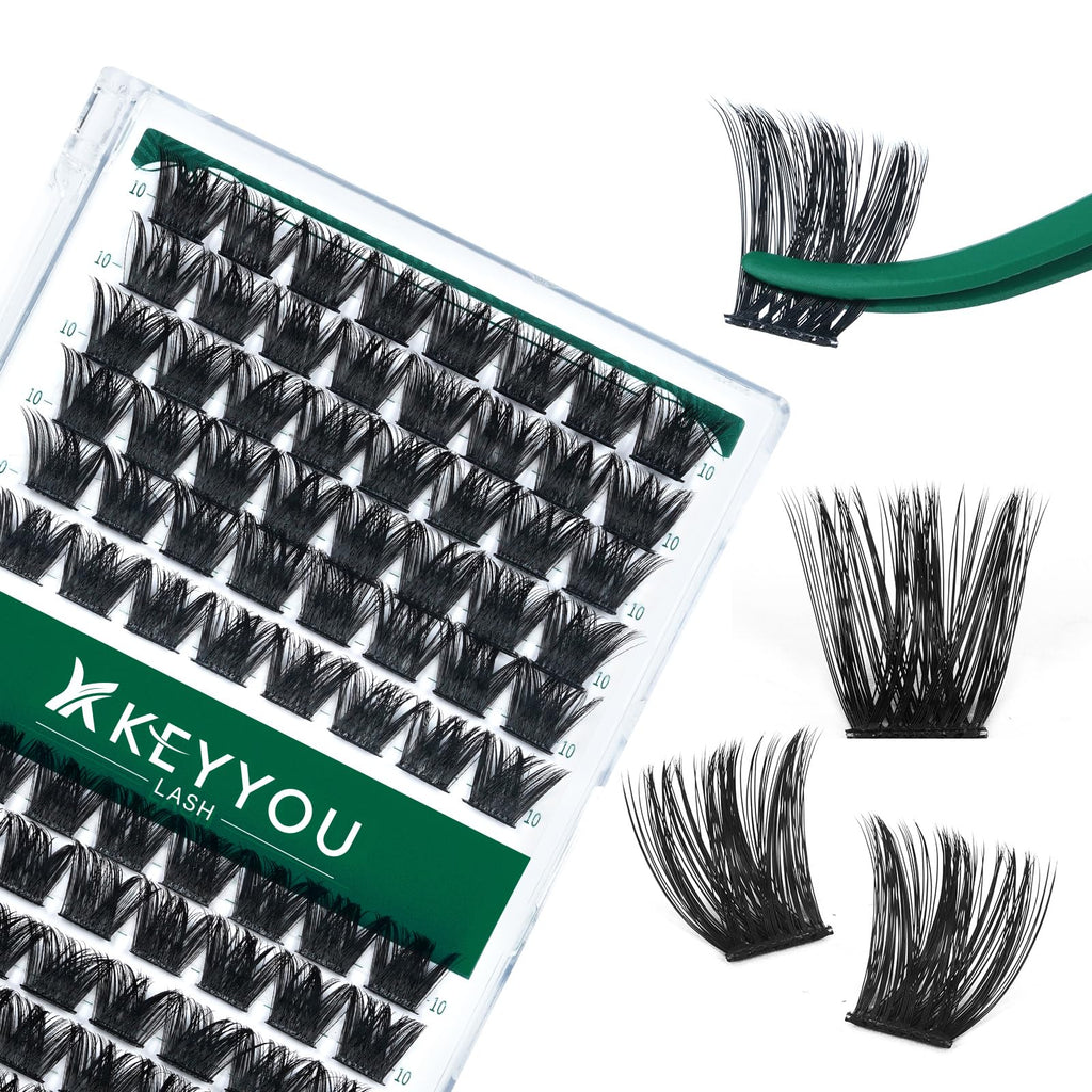 KEYYOU Lash Clusters Kit 144pcs Thick Volume D Curl Eyelash Clusters Lash Extension Kit with Mascara Brush Bond and Seal Glue Remover Applicators and Brush for DIY Lash Extensions (Y02)