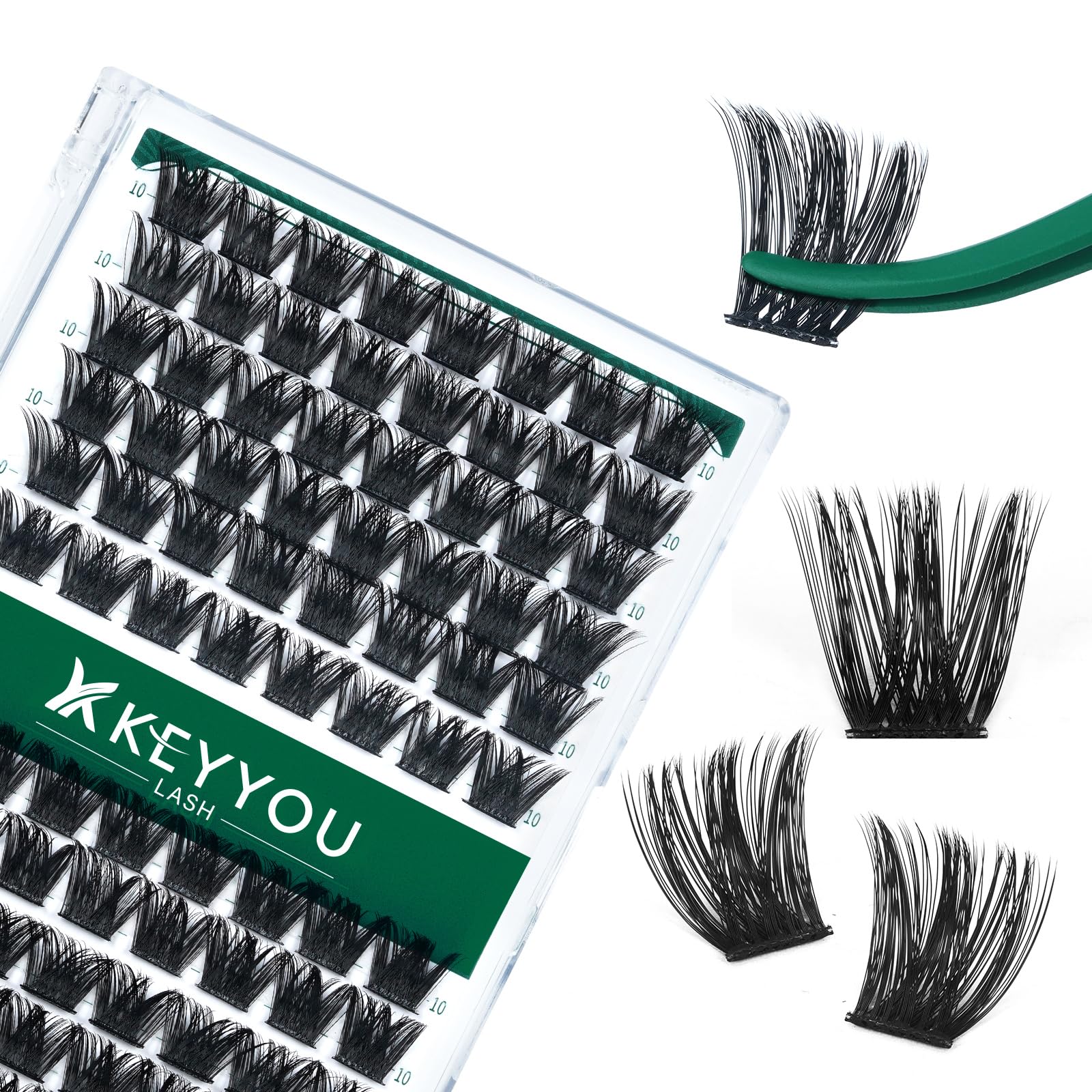 KEYYOU Lash Clusters Kit 144pcs Thick Volume D Curl Eyelash Clusters Lash Extension Kit with Mascara Brush Bond and Seal Glue Remover Applicators and Brush for DIY Lash Extensions (Y02)