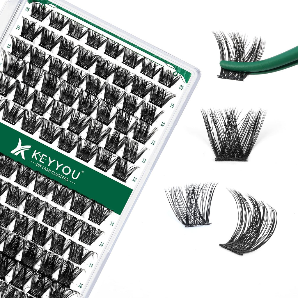 KEYYOU Lash Clusters Kit 144pcs Thick Volume D Curl Eyelash Clusters Lash Extension Kit with Mascara Brush Bond and Seal Glue Remover Applicators and Brush for DIY Lash Extensions (Y02)