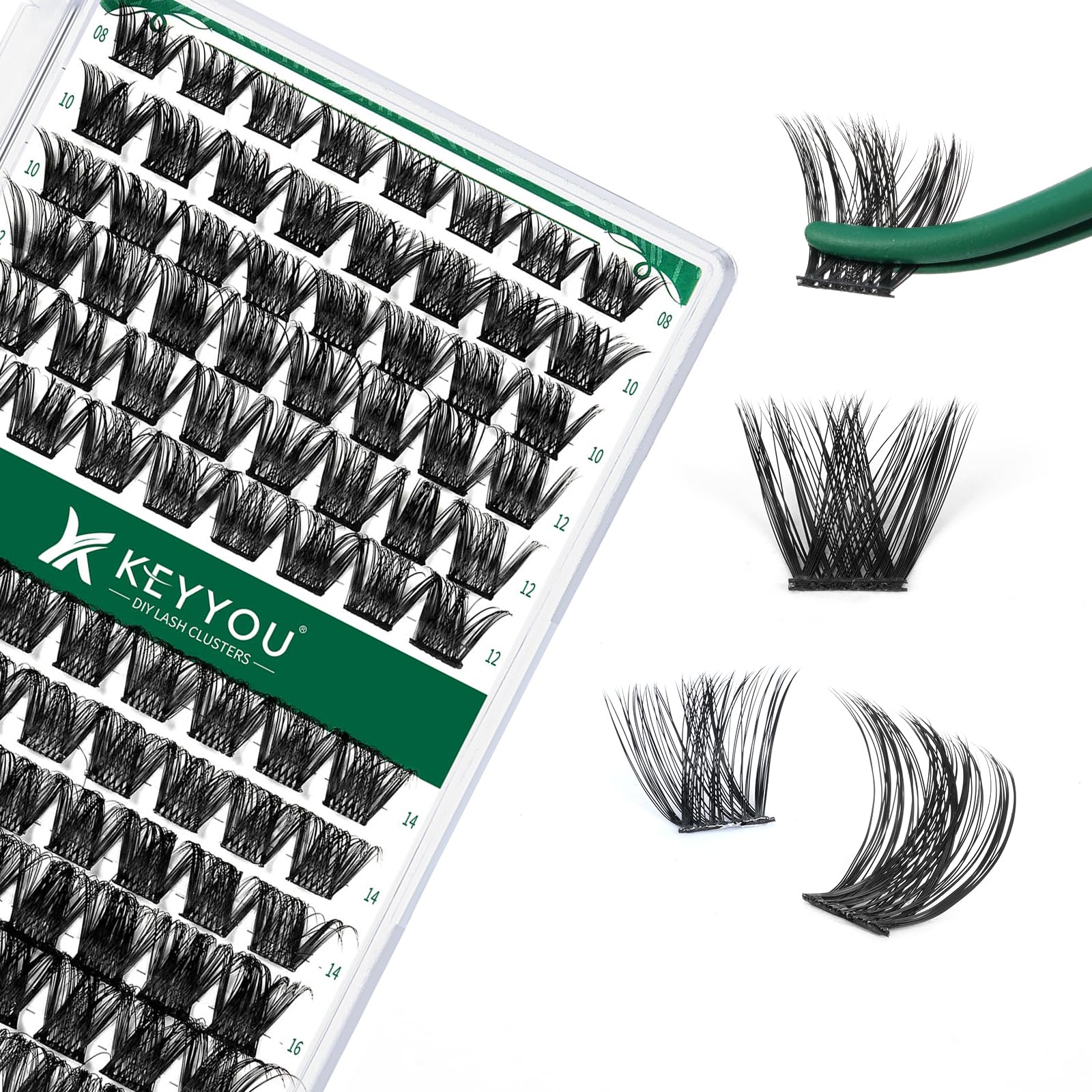 KEYYOU Lash Clusters Kit 144pcs Thick Volume D Curl Eyelash Clusters Lash Extension Kit with Mascara Brush Bond and Seal Glue Remover Applicators and Brush for DIY Lash Extensions (Y02)