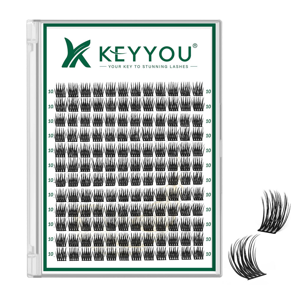 KEYYOU Lash Clusters Kit 144pcs Thick Volume D Curl Eyelash Clusters Lash Extension Kit with Mascara Brush Bond and Seal Glue Remover Applicators and Brush for DIY Lash Extensions (Y02)