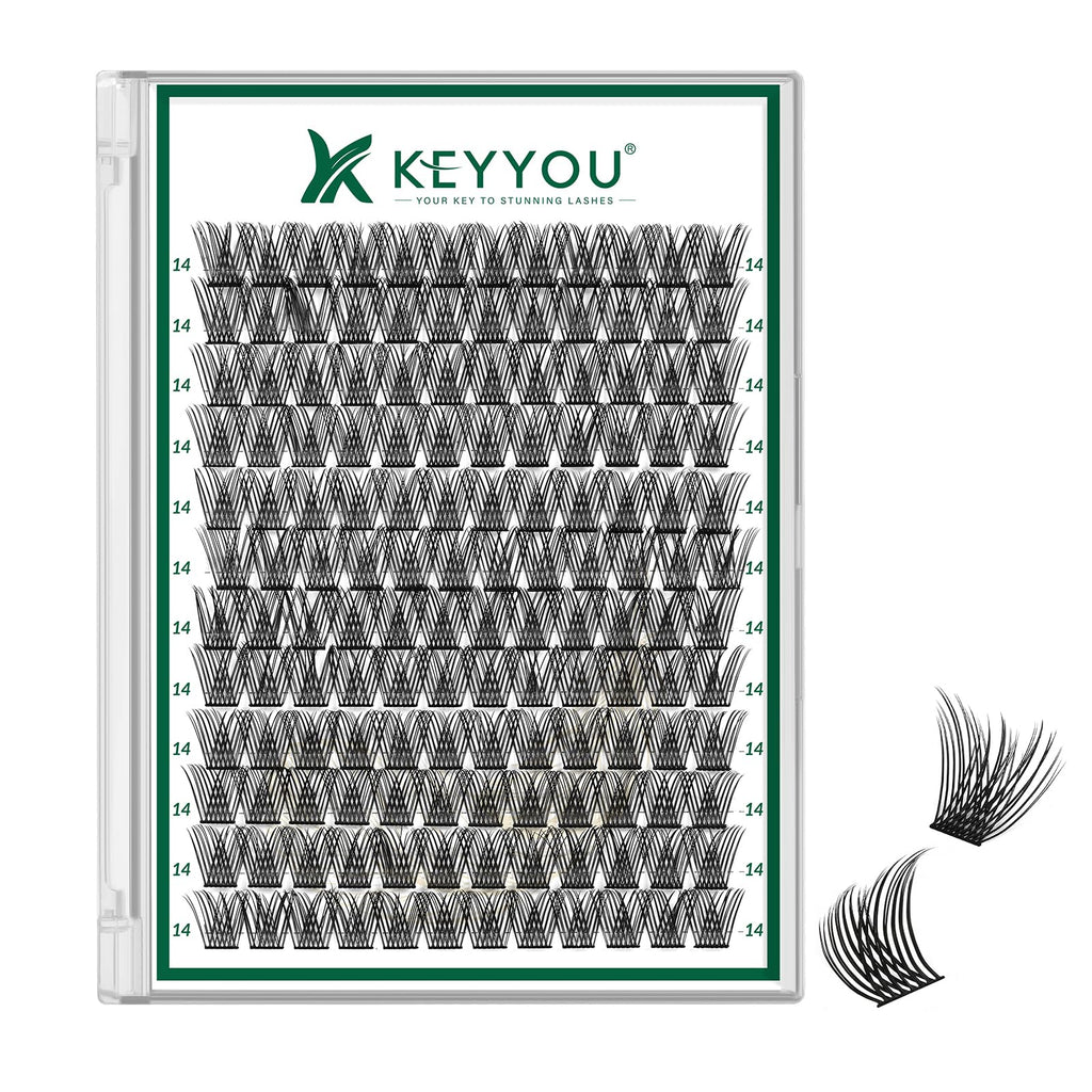 KEYYOU Lash Clusters Kit 144pcs Thick Volume D Curl Eyelash Clusters Lash Extension Kit with Mascara Brush Bond and Seal Glue Remover Applicators and Brush for DIY Lash Extensions (Y02)