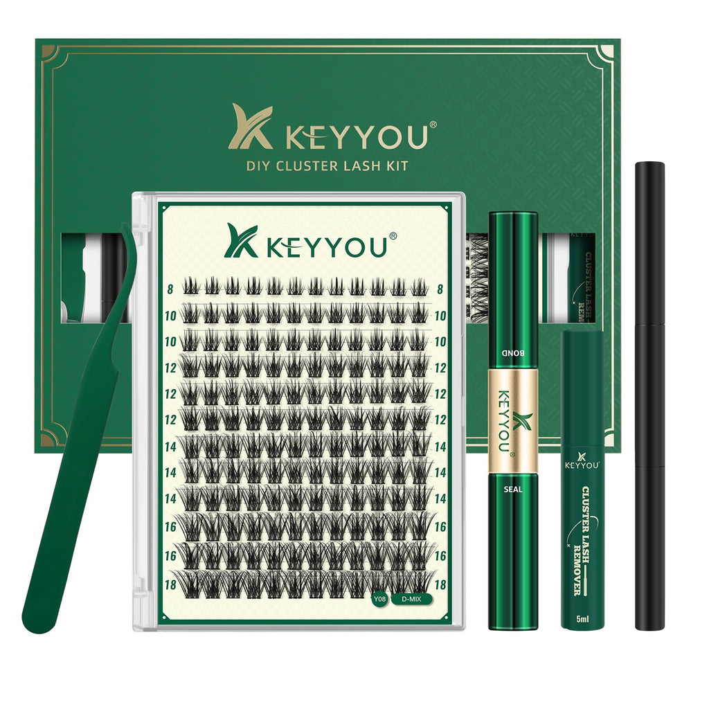 KEYYOU Lash Clusters Kit 144pcs Thick Volume D Curl Eyelash Clusters Lash Extension Kit with Mascara Brush Bond and Seal Glue Remover Applicators and Brush for DIY Lash Extensions (Y02)