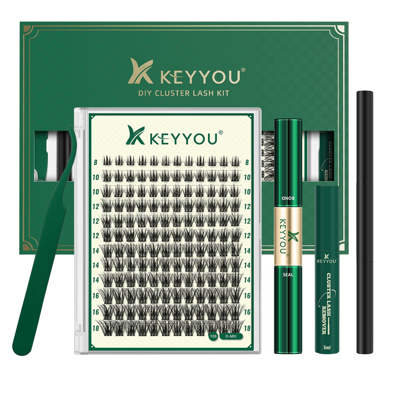 KEYYOU Lash Clusters Kit 144pcs Thick Volume D Curl Eyelash Clusters Lash Extension Kit with Mascara Brush Bond and Seal Glue Remover Applicators and Brush for DIY Lash Extensions (Y02)
