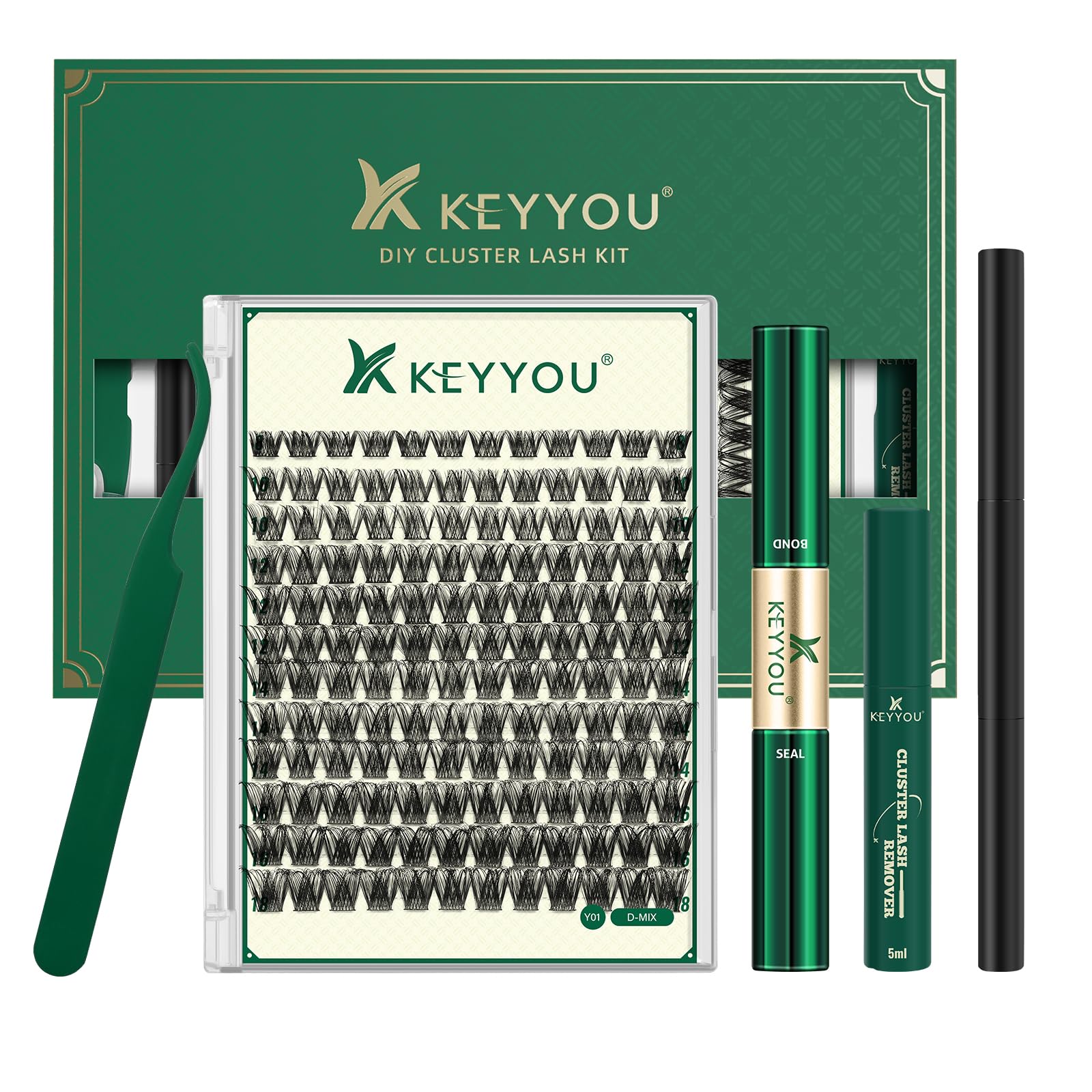 KEYYOU Lash Clusters Kit 144pcs Thick Volume D Curl Eyelash Clusters Lash Extension Kit with Mascara Brush Bond and Seal Glue Remover Applicators and Brush for DIY Lash Extensions (Y02)