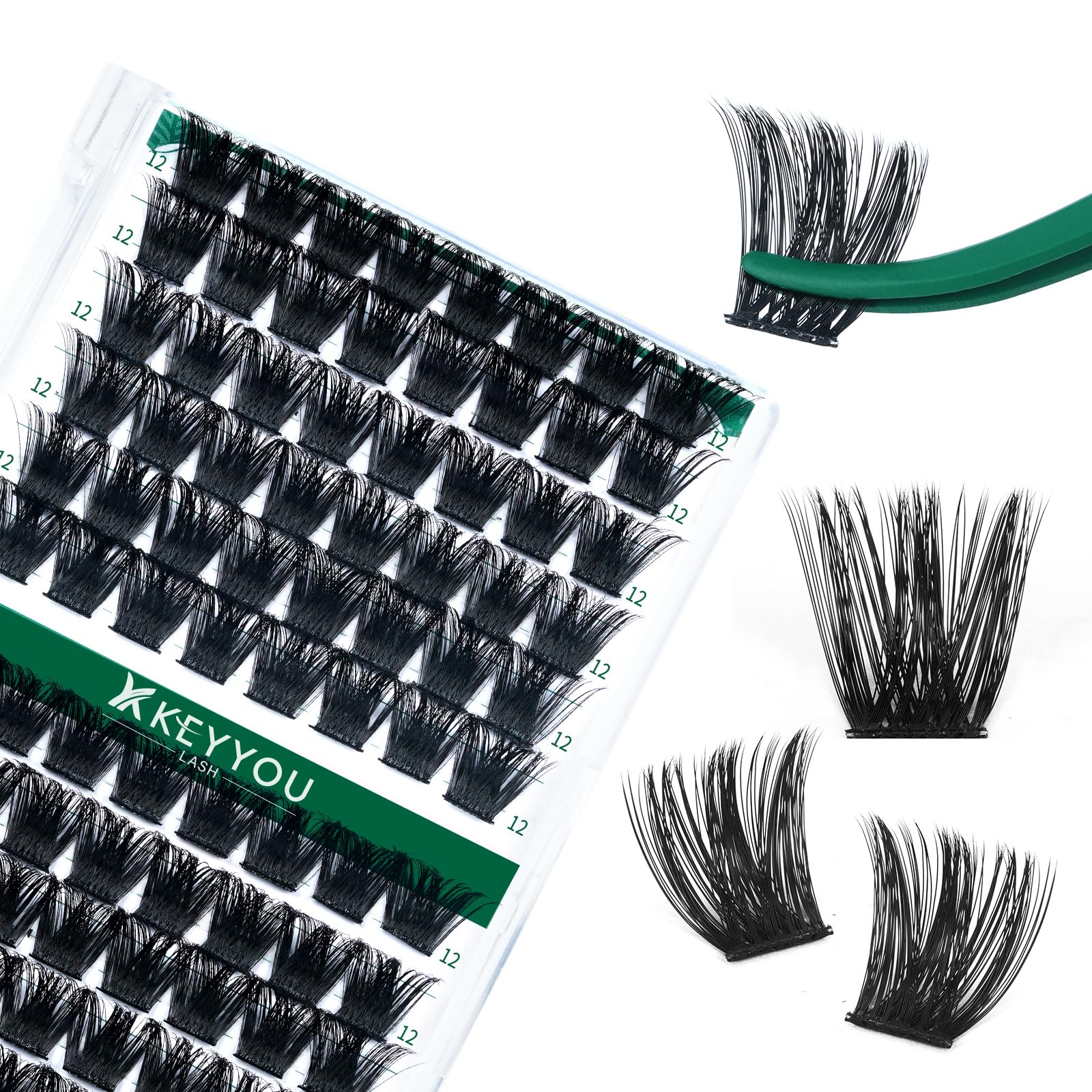 KEYYOU Lash Clusters Kit 144pcs Thick Volume D Curl Eyelash Clusters Lash Extension Kit with Mascara Brush Bond and Seal Glue Remover Applicators and Brush for DIY Lash Extensions (Y02)