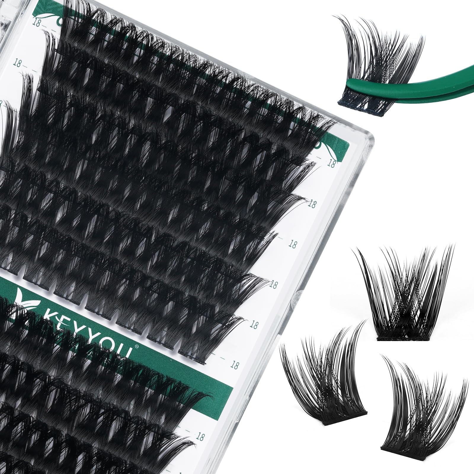 KEYYOU Lash Clusters Kit 144pcs Thick Volume D Curl Eyelash Clusters Lash Extension Kit with Mascara Brush Bond and Seal Glue Remover Applicators and Brush for DIY Lash Extensions (Y02)