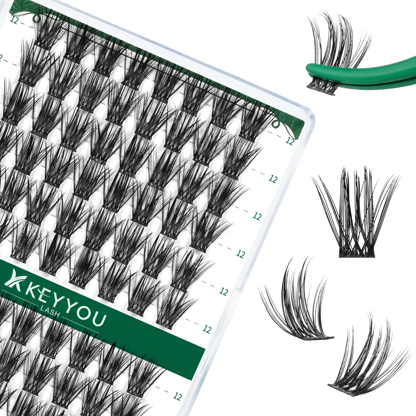 KEYYOU Lash Clusters Kit 144pcs Thick Volume D Curl Eyelash Clusters Lash Extension Kit with Mascara Brush Bond and Seal Glue Remover Applicators and Brush for DIY Lash Extensions (Y02)