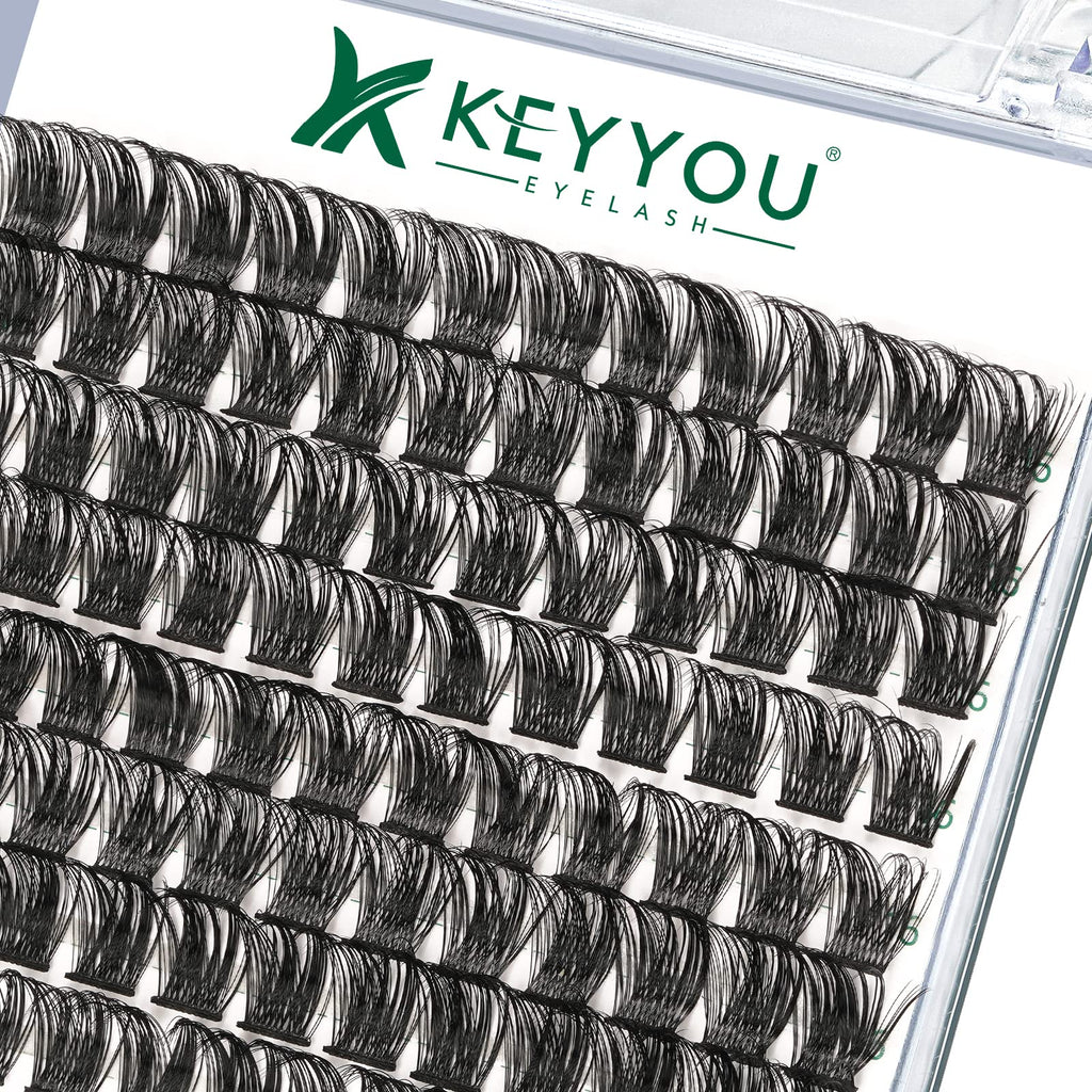 KEYYOU Lash Clusters Kit 144pcs Thick Volume D Curl Eyelash Clusters Lash Extension Kit with Mascara Brush Bond and Seal Glue Remover Applicators and Brush for DIY Lash Extensions (Y02)