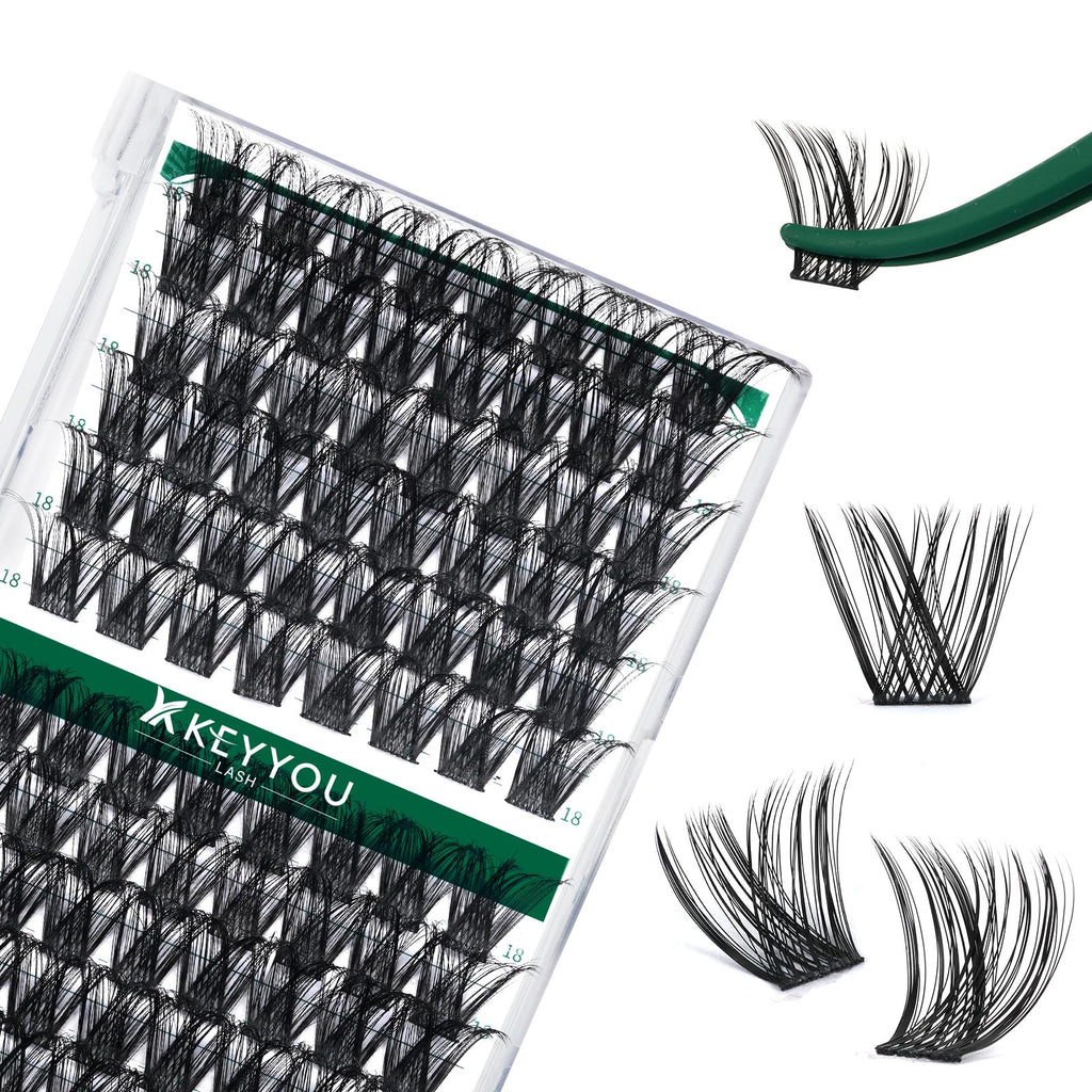 KEYYOU Lash Clusters Kit 144pcs Thick Volume D Curl Eyelash Clusters Lash Extension Kit with Mascara Brush Bond and Seal Glue Remover Applicators and Brush for DIY Lash Extensions (Y02)