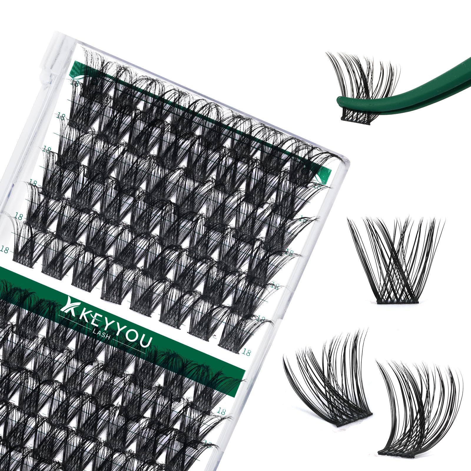 KEYYOU Lash Clusters Kit 144pcs Thick Volume D Curl Eyelash Clusters Lash Extension Kit with Mascara Brush Bond and Seal Glue Remover Applicators and Brush for DIY Lash Extensions (Y02)