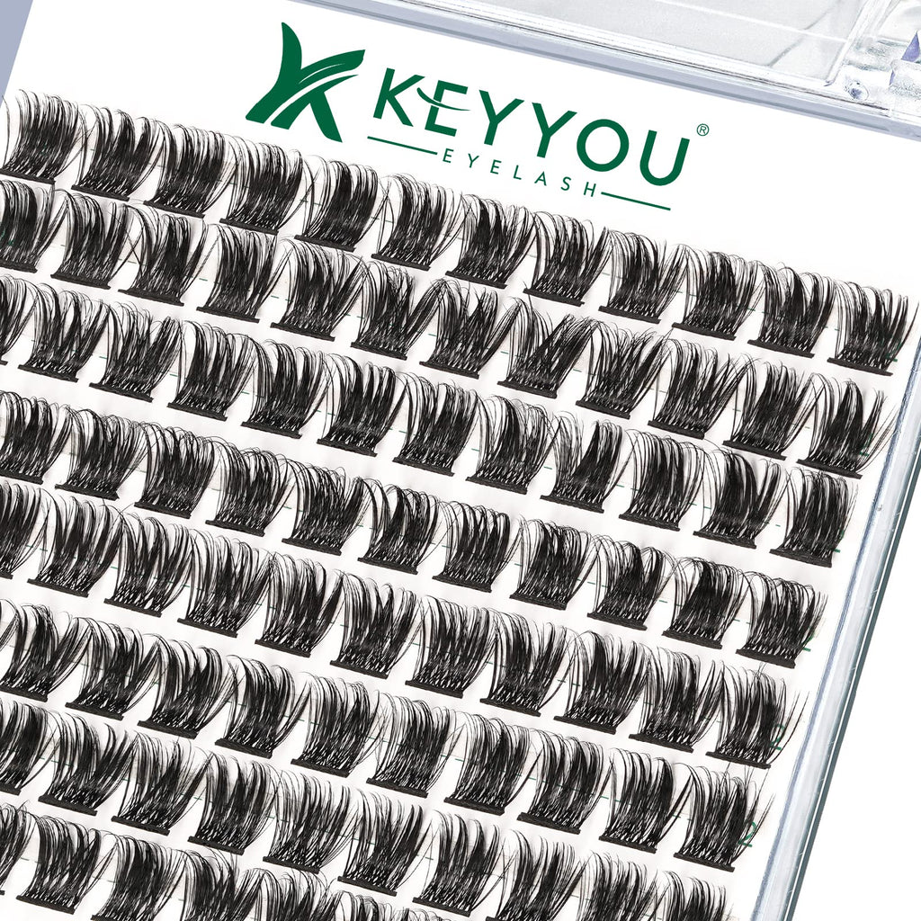 KEYYOU Lash Clusters Kit 144pcs Thick Volume D Curl Eyelash Clusters Lash Extension Kit with Mascara Brush Bond and Seal Glue Remover Applicators and Brush for DIY Lash Extensions (Y02)