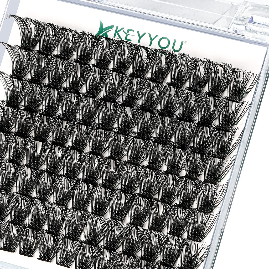 KEYYOU Lash Clusters Kit 144pcs Thick Volume D Curl Eyelash Clusters Lash Extension Kit with Mascara Brush Bond and Seal Glue Remover Applicators and Brush for DIY Lash Extensions (Y02)