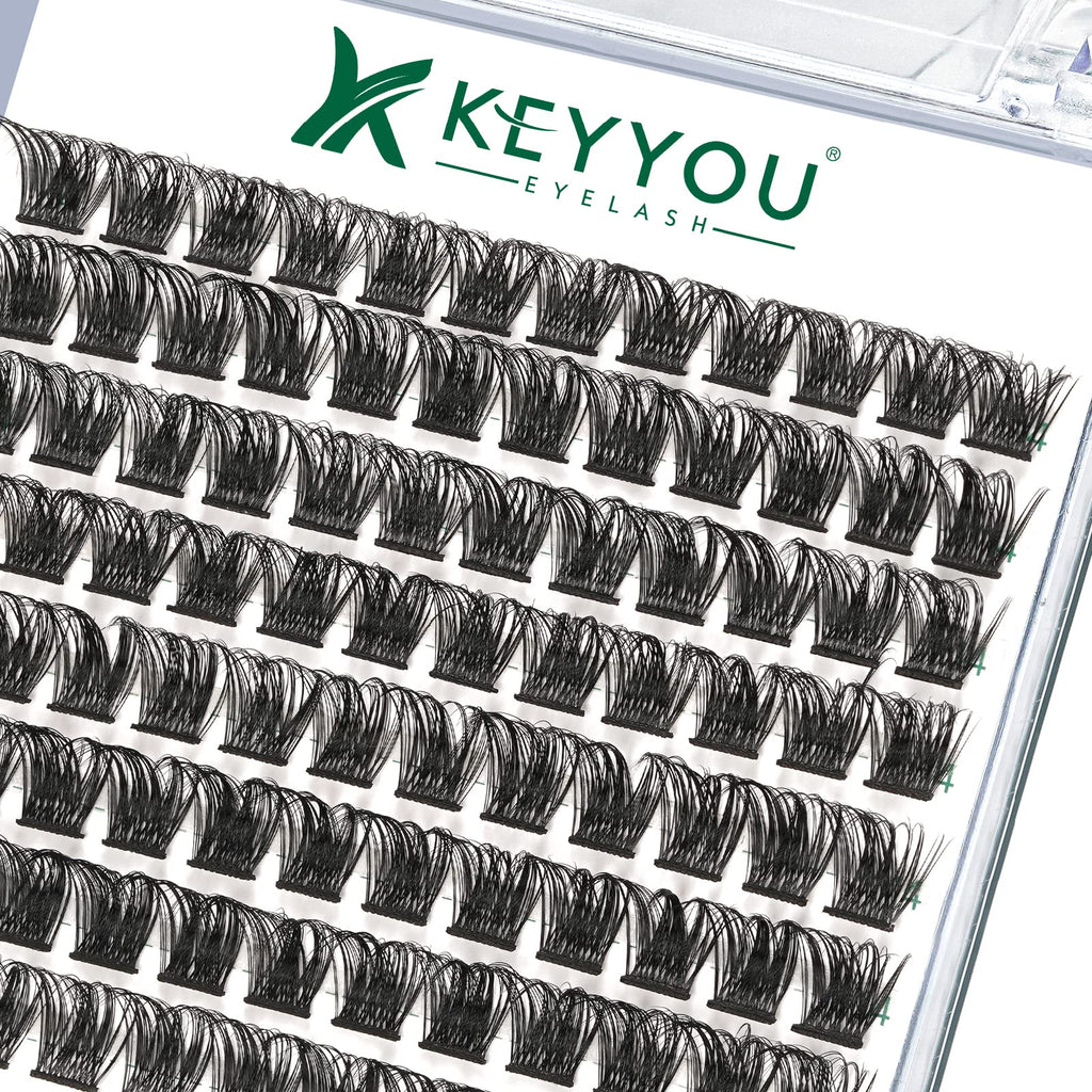 KEYYOU Lash Clusters Kit 144pcs Thick Volume D Curl Eyelash Clusters Lash Extension Kit with Mascara Brush Bond and Seal Glue Remover Applicators and Brush for DIY Lash Extensions (Y02)