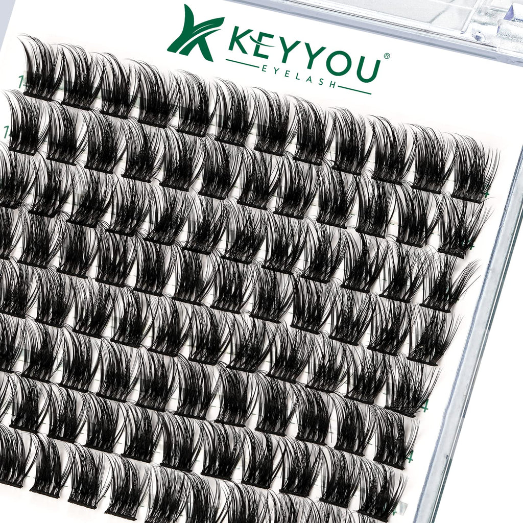 KEYYOU Lash Clusters Kit 144pcs Thick Volume D Curl Eyelash Clusters Lash Extension Kit with Mascara Brush Bond and Seal Glue Remover Applicators and Brush for DIY Lash Extensions (Y02)