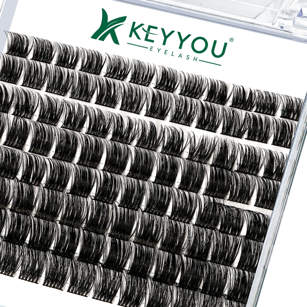KEYYOU Lash Clusters Kit 144pcs Thick Volume D Curl Eyelash Clusters Lash Extension Kit with Mascara Brush Bond and Seal Glue Remover Applicators and Brush for DIY Lash Extensions (Y02)